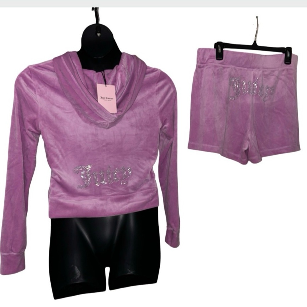 JUICY COUTURE BLING DEWBERRY RHINESTONE VELOUR SHORTS & HOODIE SWEATSUIT NWT